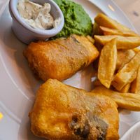 Ocean tofu, chips and peas puree  at Luna's Vegan Corner in Cardiff