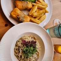 Pasta and tofu and chips at Luna's Vegan Corner in Cardiff