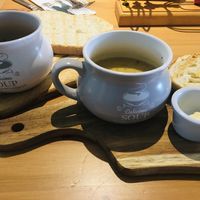 Homemade soup with cauliflower, turnip and courgette. A perfect combo of creamy purée and yet juicy at the same time! So delicious! Toasted sourdough was generous and wonderful  at Luna's Vegan Corner in Cardiff