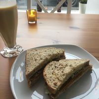 Seitan BLT and pina colada smoothie   at Luna's Vegan Corner in Cardiff