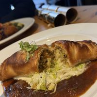 Leek, Potato, Mince Soya, Welsh Lava Bread Oggie
Cream leek, Onion Gravy  at Luna's Vegan Corner in Cardiff