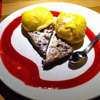 Vecan browny with mango sorbet at Peppes Pizza in Bergen