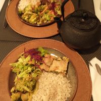Vegetable pie (bottom), seitan with sweet potatoes and chestnuts (top). Small plates with brown (or basmati) rice, salad, and vegetables. at Gosto Superior in Braga