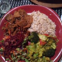 Seitan, veggies and salad, whole grain rice at Gosto Superior in Braga