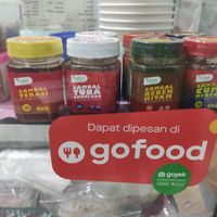 4 different vegan sambals for sale there. at Velan Express in Surabaya