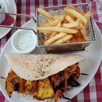 Jackfruit tikka kebabs, minty sauce and chips. Fantastic!  at The White Lion Inn in Pulborough