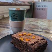 GF Vegan Beetroot Brownie + Almond Chai at Santos Cafe in Mullumbimby