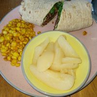 Meaty walnut wrap with corn and pears at Frannie's Vegan Cafe in Johnson City