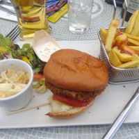 Vegan burger with fries, seemed like salad had mayonnaise in it with mayonnaise dressing on side at JW's Brasserie in Westport