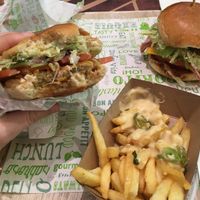 Too hungry for a professional picture - chicken burger, chili cheese fries, and chili cheese burger at Vedang - green burger | Alexa in Berlin