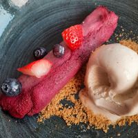 Summer pudding with fresh berries and non-dairy ice cream. Yummy! at The Osborne View in Fareham