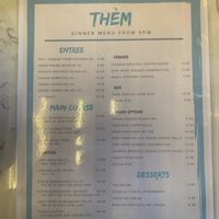Dinner menu at Thèm in Docklands
