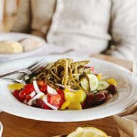 Greek salad without feta cheese. at Moma in Athens