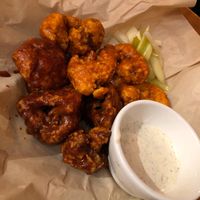 Cauliflower wings (1/2 BBQ 1/2 Bugfalo) at Watercourse Foods in Denver