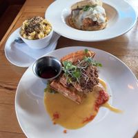 Chicken & Waffles, front, Chicken + Biscuit, back, side of mac & cheese at Watercourse Foods in Denver