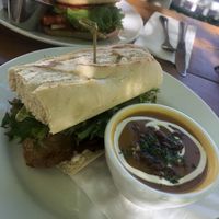 Brie and turkey sandwich with cup of butternut soup  at Watercourse Foods in Denver