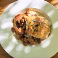 Biscuits and gravy with fried "chicken" at Watercourse Foods in Denver