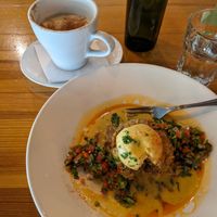 Chorizo polenta plate w/chai latte at Watercourse Foods in Denver