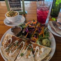 Quesadilla (sour cream is extra $) with side salad, and a side cup of mac at Watercourse Foods in Denver