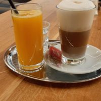 Latte macchiato with soy milk, and orange juice at Cafe Galerie in Dornbirn