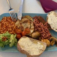 Vegan breakfast - the worms are the bacon! Beautifully salty at Art & Soul Cafe in St Neots