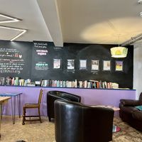 Seating and books   at Art & Soul Cafe in St Neots