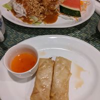 Rice noodles and peanut sauce; half of the spring rolls at Long Beach Thai Cuisine in Long Beach
