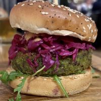 SOW Burger- green chickpea and quinoa plant based  patty   at Sow Plated in Upper Arlington