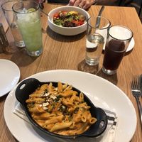 Cashew Mac and cheese with my lovely pomegranate kombucha on tap! My dad had the Mediterranean bowl with a cucumber limeade.   at Sow Plated in Upper Arlington