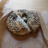 Everything bagel with garlic and herb cream cheese at bloomer's in Toronto
