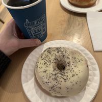 Lemon poppyseed and cinnamon sugar donuts with a coffeee  at bloomer's in Toronto