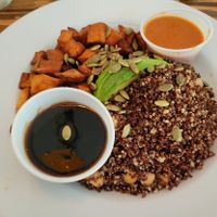 Buddha bowl with lentils, sunflowers, sweet potatoes, avocado, and a lovely mole sauce. at Local Break in Eastham