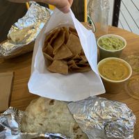 Burritos, chips, gauc and queso! at Burrito Burrito at Wizard Burger in Albany