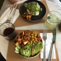 Avocado falafel burger and green avocado curry   at Avokado Bar in Istanbul