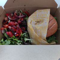 Seitan with mushroom and blue cheese burger and side salad. Very tasty at Black Rabbit in Edinburgh