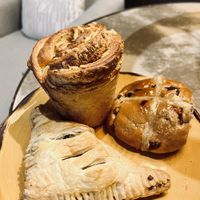 Cheese muffin, hot cross buns and a haggis turnover   at Black Rabbit in Edinburgh