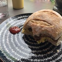 Couldn’t wait to eat it before I took a photo - egg and bakon roll. Lovely bread  at Black Rabbit in Edinburgh