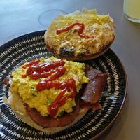 Tofu mayo (like egg mayo) and bakon roll with paprika mayo and sriracha. at Black Rabbit in Edinburgh