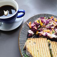The Hungry Rabbit with side salad and an americano (in an adorable cup!) at Black Rabbit in Edinburgh