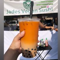 Vegan thai tea with boba at Jades Vegan Sushi in Loma Linda