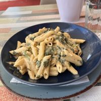 Penne with Spinach in a creamy oat-milk peanut saucee  at Sarah's Mediterranean Secret in Heringsdorf