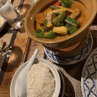 Veggie red curry & fragrant rice (vegan & GF)  at Thai Cottage in Berkhamsted
