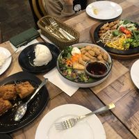 Lemongrass chilli tofu, cold noodle bowl, veg tofu sizzle plate (left to right)  at d'Viet House Korean BBQ Grill in Airlie Beach
