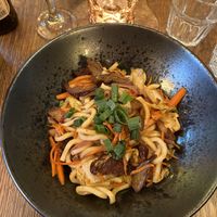 kimchi udon noodles with no-duck  at Maitrea in Prague