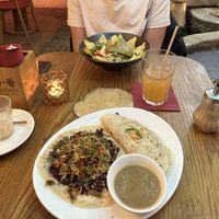 Potato pancake with mock duck, and avocado saladd  at Maitrea in Prague