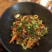 Kimchi udon noodles with mock duck   at Maitrea in Prague