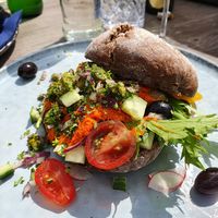 Very good sandwich with vegan filet americain. When you order the sandwich without egg it's completely vegan. at De Stal Texel in Den Burg