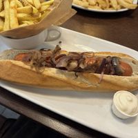 Vegan hotdog and friess which  at HMS Hinchinbrook in Great Yarmouth