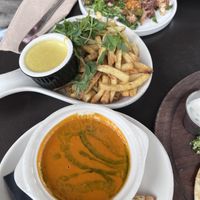 Tomato soup, curry fries, and rainbow cauliflower  #Veganuary at Panama 66 in San Diego