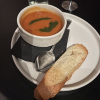 cup of tomato soup without cheesee  at Panama 66 in San Diego